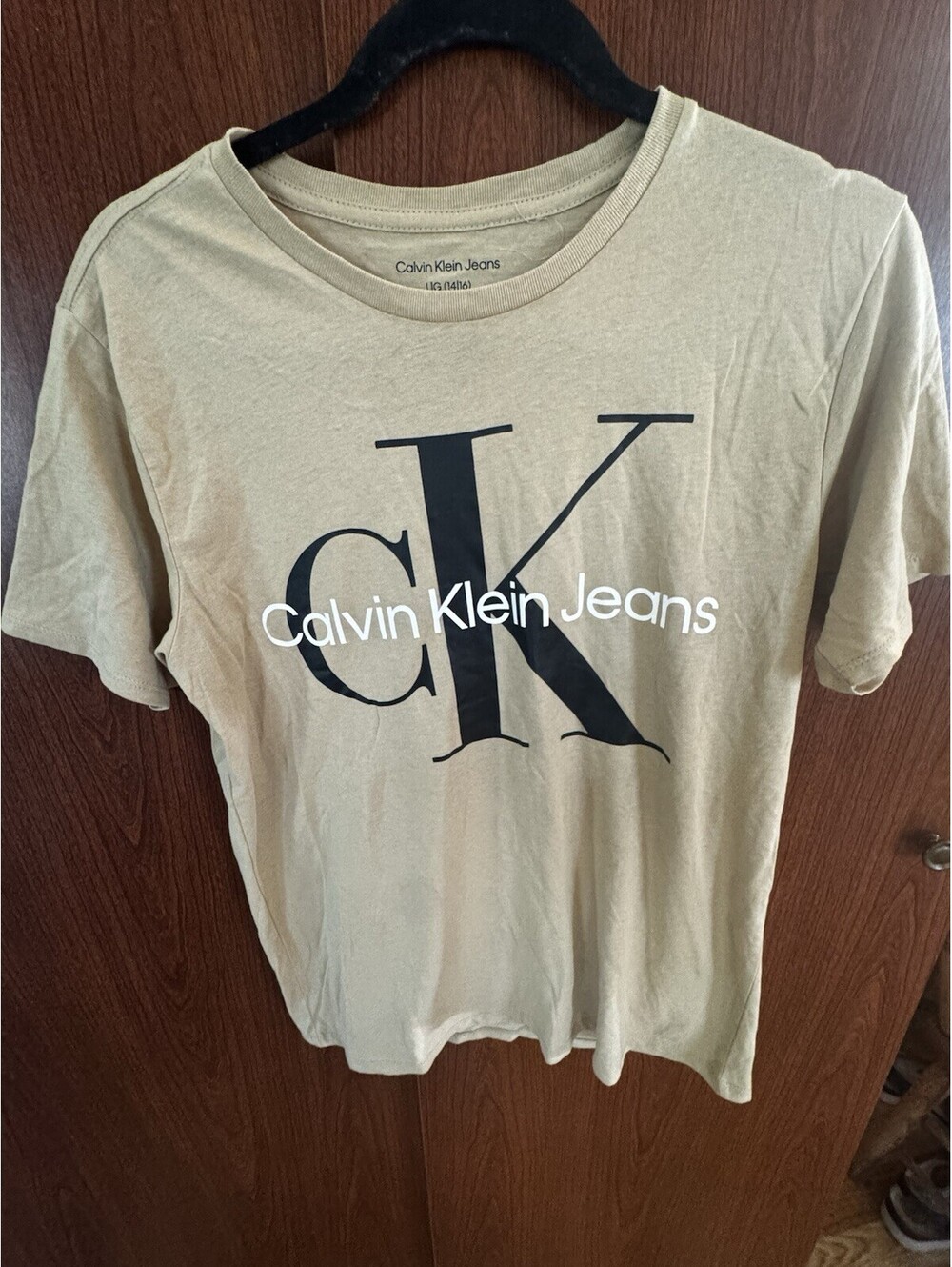 Calvin Klein Jeans Boys L 14/16 Beige CK Monogram Logo T Shirt 100% Cotton